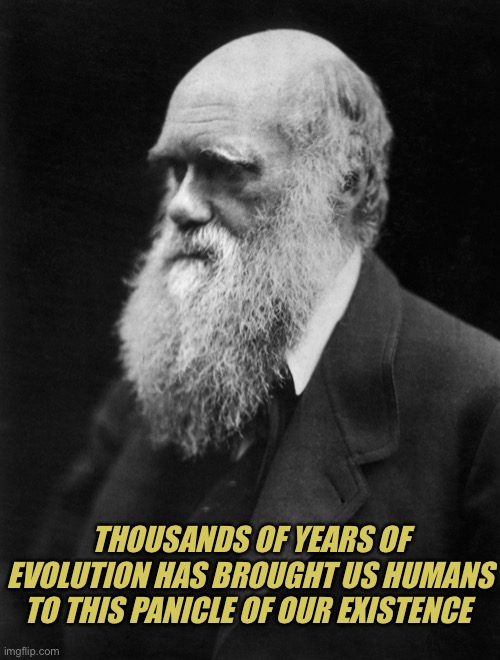 Charles Darwin | THOUSANDS OF YEARS OF EVOLUTION HAS BROUGHT US HUMANS TO THIS PANICLE OF OUR EXISTENCE | image tagged in charles darwin | made w/ Imgflip meme maker