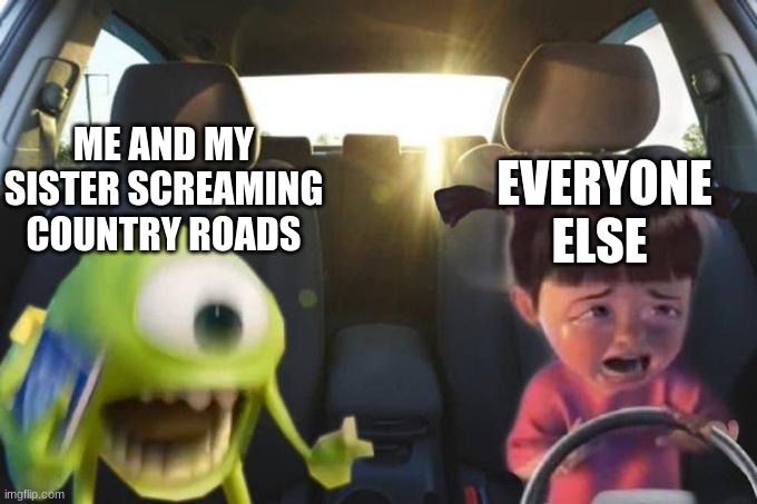 Road trips be like | EVERYONE ELSE; ME AND MY SISTER SCREAMING COUNTRY ROADS | image tagged in monsters inc,road trips,road trip,driving | made w/ Imgflip meme maker
