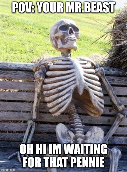 Waiting Skeleton | POV: YOUR MR.BEAST; OH HI IM WAITING FOR THAT PENNIE | image tagged in memes,waiting skeleton | made w/ Imgflip meme maker