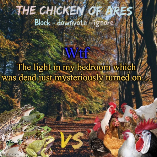 Chicken of Ares announces crap for everyone | Wtf; The light in my bedroom which was dead just mysteriously turned on… | image tagged in chicken of ares announces crap for everyone | made w/ Imgflip meme maker