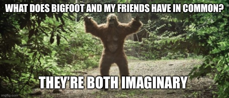 :( | WHAT DOES BIGFOOT AND MY FRIENDS HAVE IN COMMON? THEY’RE BOTH IMAGINARY | image tagged in big foot | made w/ Imgflip meme maker