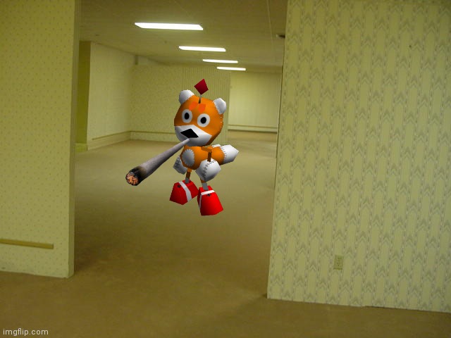 (´⌒｀) | image tagged in the backrooms,tails the fox,tails doll,tails,smoking a fat blunt | made w/ Imgflip meme maker