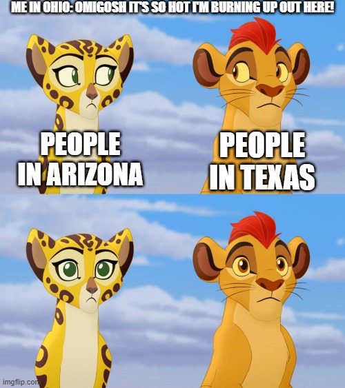 Really can't be complaining, can I? |  ME IN OHIO: OMIGOSH IT'S SO HOT I'M BURNING UP OUT HERE! PEOPLE IN ARIZONA; PEOPLE IN TEXAS | image tagged in kion and fuli side-eye,ohio,arizona,texas,summer | made w/ Imgflip meme maker