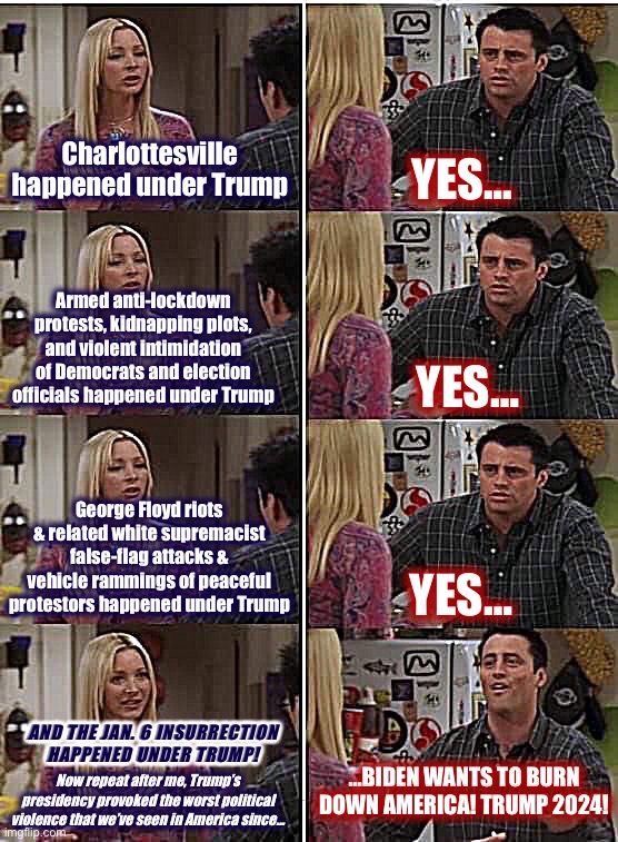 Phoebe Joey | Charlottesville happened under Trump; YES…; Armed anti-lockdown protests, kidnapping plots, and violent intimidation of Democrats and election officials happened under Trump; YES…; George Floyd riots & related white supremacist false-flag attacks & vehicle rammings of peaceful protestors happened under Trump; YES…; AND THE JAN. 6 INSURRECTION HAPPENED UNDER TRUMP! …BIDEN WANTS TO BURN DOWN AMERICA! TRUMP 2024! Now repeat after me, Trump’s presidency provoked the worst political violence that we’ve seen in America since… | image tagged in phoebe joey | made w/ Imgflip meme maker