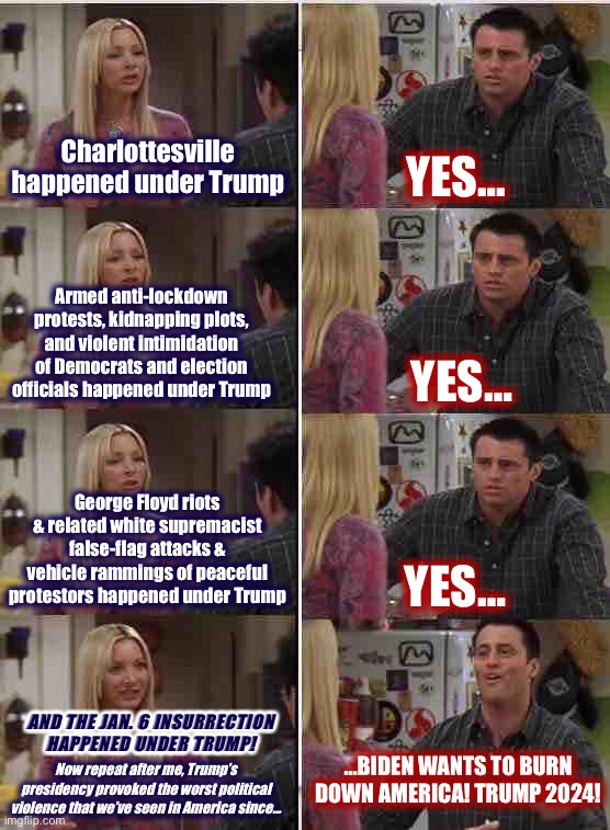 Whew Joey, that’s a lot of cognitive dissonance! | Charlottesville happened under Trump; YES…; Armed anti-lockdown protests, kidnapping plots, and violent intimidation of Democrats and election officials happened under Trump; YES…; George Floyd riots & related white supremacist false-flag attacks & vehicle rammings of peaceful protestors happened under Trump; YES…; AND THE JAN. 6 INSURRECTION HAPPENED UNDER TRUMP! …BIDEN WANTS TO BURN DOWN AMERICA! TRUMP 2024! Now repeat after me, Trump’s presidency provoked the worst political violence that we’ve seen in America since… | image tagged in phoebe joey,trump,president trump,maga,antifa,george floyd | made w/ Imgflip meme maker