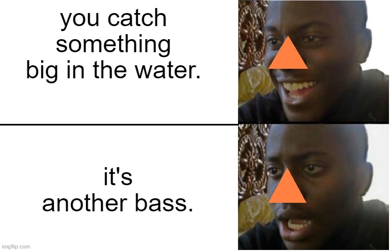 Ugh... | you catch something big in the water. it's another bass. | image tagged in disappointed black guy,animal crossing,fishing,fish,new horizons,dissapointment | made w/ Imgflip meme maker