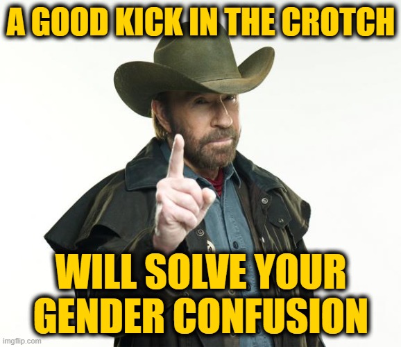 Chuck Norris Finger | A GOOD KICK IN THE CROTCH; WILL SOLVE YOUR GENDER CONFUSION | image tagged in memes,chuck norris finger,chuck norris | made w/ Imgflip meme maker
