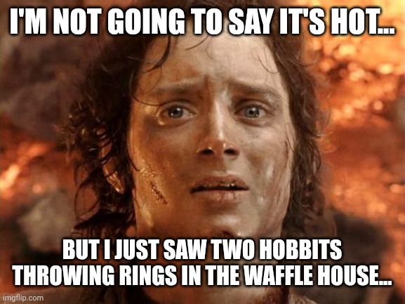 It's Finally Over | I'M NOT GOING TO SAY IT'S HOT... BUT I JUST SAW TWO HOBBITS THROWING RINGS IN THE WAFFLE HOUSE... | image tagged in memes,it's finally over | made w/ Imgflip meme maker