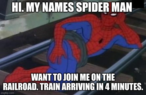 Sexy Railroad Spiderman | HI. MY NAMES SPIDER MAN; WANT TO JOIN ME ON THE RAILROAD. TRAIN ARRIVING IN 4 MINUTES. | image tagged in memes,sexy railroad spiderman,spiderman | made w/ Imgflip meme maker