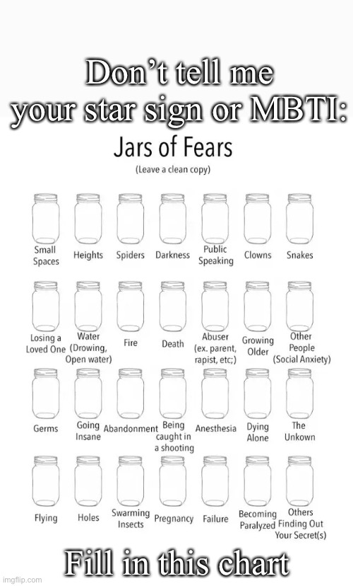 Know the fears, know the person |  Don’t tell me your star sign or MBTI:; Fill in this chart | image tagged in jar of fears clear version,astrology,stars,mbti,fear | made w/ Imgflip meme maker