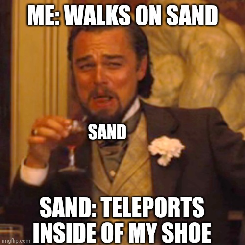 I hate this... | ME: WALKS ON SAND; SAND; SAND: TELEPORTS INSIDE OF MY SHOE | image tagged in memes,laughing leo,sand | made w/ Imgflip meme maker