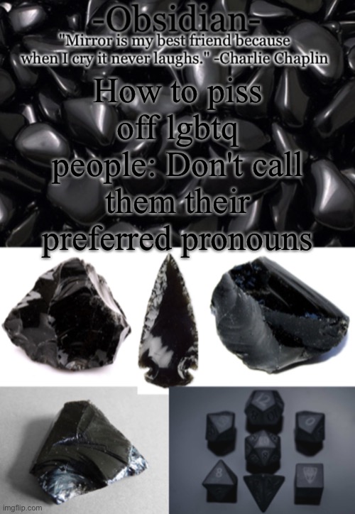 Obsidian | How to piss off lgbtq people: Don't call them their preferred pronouns | image tagged in obsidian | made w/ Imgflip meme maker