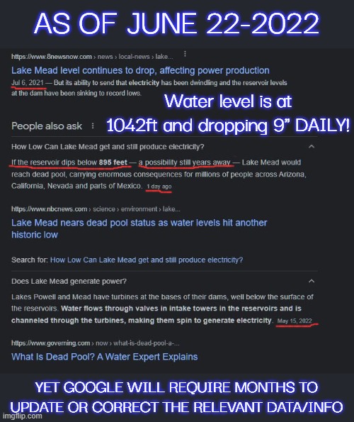 AS OF JUNE 22-2022 YET GOOGLE WILL REQUIRE MONTHS TO UPDATE OR CORRECT THE RELEVANT DATA/INFO Water level is at 1042ft and dropping 9" DAILY | made w/ Imgflip meme maker