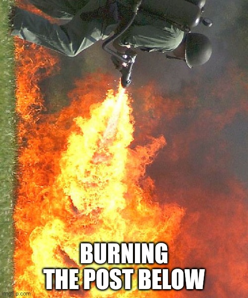 Flamethrower | BURNING THE POST BELOW | image tagged in flamethrower | made w/ Imgflip meme maker