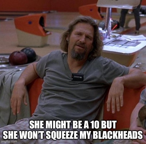 The Dude | SHE MIGHT BE A 10 BUT
SHE WON’T SQUEEZE MY BLACKHEADS | image tagged in the dude | made w/ Imgflip meme maker