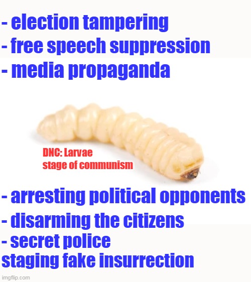 Quick, stomp it with our big boot. | - election tampering; - free speech suppression; - media propaganda; DNC: Larvae stage of communism; - arresting political opponents; - disarming the citizens; - secret police staging fake insurrection | image tagged in communism,dnc,left,liberals,biden,woke | made w/ Imgflip meme maker