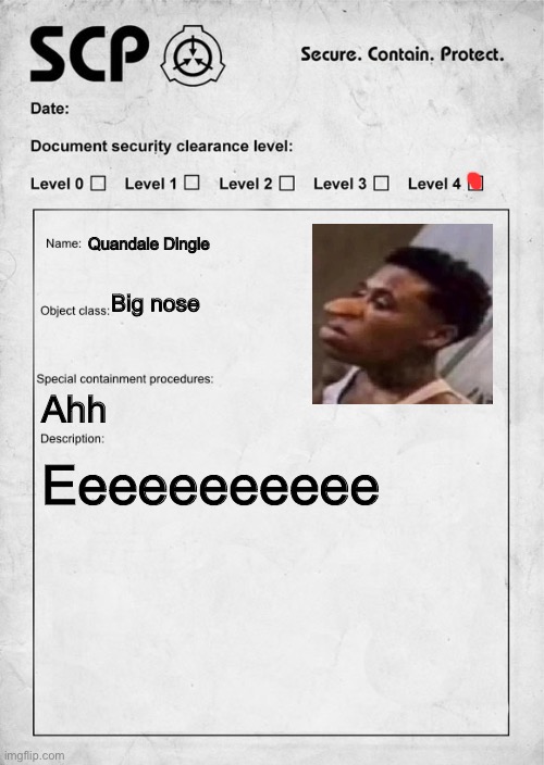 Hey guys | Quandale Dingle; Big nose; Ahh; Eeeeeeeeeee | image tagged in scp document | made w/ Imgflip meme maker