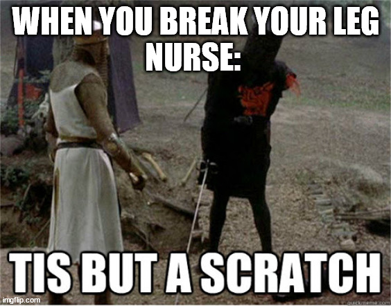 tis but a scratch | WHEN YOU BREAK YOUR LEG
NURSE: | image tagged in tis but a scratch | made w/ Imgflip meme maker