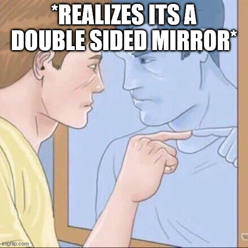 Pointing mirror guy | *REALIZES ITS A DOUBLE SIDED MIRROR* | image tagged in pointing mirror guy | made w/ Imgflip meme maker