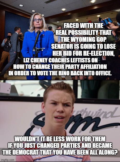 Liz is definitely duplicitous enough to officially become a Dem Party politician.  She is demonstrating all the characteristics. | FACED WITH THE REAL POSSIBILITY THAT THE WYOMING GOP SENATOR IS GOING TO LOSE HER BID FOR RE-ELECTION, LIZ CHENEY COACHES LEFTISTS ON HOW TO CHANGE THEIR PARTY AFFILIATION IN ORDER TO VOTE THE RINO BACK INTO OFFICE. | image tagged in cheney | made w/ Imgflip meme maker