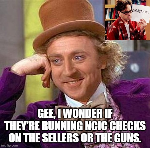 Creepy Condescending Wonka Meme | GEE, I WONDER IF THEY'RE RUNNING NCIC CHECKS ON THE SELLERS OR THE GUNS. | image tagged in memes,creepy condescending wonka | made w/ Imgflip meme maker