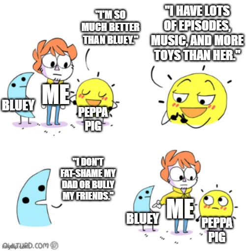 Sorry Peppa, but I'm on Bluey's side. | "I'M SO MUCH BETTER THAN BLUEY."; "I HAVE LOTS OF EPISODES, MUSIC, AND MORE TOYS THAN HER."; ME; BLUEY; PEPPA PIG; "I DON'T FAT-SHAME MY DAD OR BULLY MY FRIENDS."; ME; BLUEY; PEPPA PIG | image tagged in owlturd day vs night,peppa pig,bluey,kid shows,peppa pig vs bluey | made w/ Imgflip meme maker
