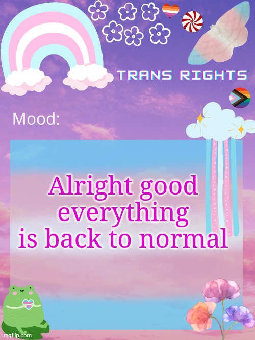 Alright good everything is back to normal | image tagged in trans announcement temp | made w/ Imgflip meme maker