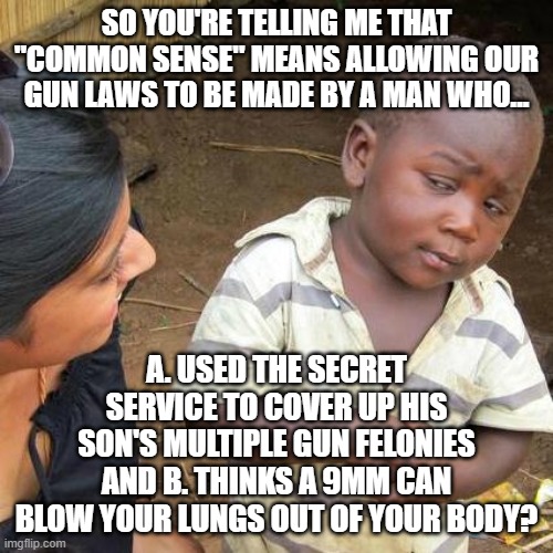 It's almost like we don't want the least knowledgeable people in the country to make the laws... | SO YOU'RE TELLING ME THAT "COMMON SENSE" MEANS ALLOWING OUR GUN LAWS TO BE MADE BY A MAN WHO... A. USED THE SECRET SERVICE TO COVER UP HIS SON'S MULTIPLE GUN FELONIES AND B. THINKS A 9MM CAN BLOW YOUR LUNGS OUT OF YOUR BODY? | image tagged in third world skeptical kid,ignorance,gun control,biden | made w/ Imgflip meme maker