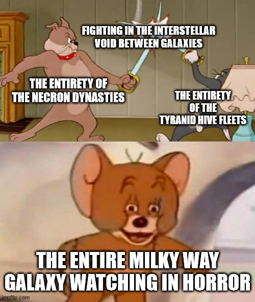 Tom and Jerry swordfight | FIGHTING IN THE INTERSTELLAR VOID BETWEEN GALAXIES; THE ENTIRETY OF THE NECRON DYNASTIES; THE ENTIRETY OF THE TYRANID HIVE FLEETS; THE ENTIRE MILKY WAY GALAXY WATCHING IN HORROR | image tagged in tom and jerry swordfight,Grimdank | made w/ Imgflip meme maker