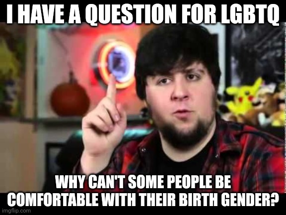 PLEASE DON'T BAN ME! | I HAVE A QUESTION FOR LGBTQ; WHY CAN'T SOME PEOPLE BE COMFORTABLE WITH THEIR BIRTH GENDER? | image tagged in jontron i have several questions | made w/ Imgflip meme maker