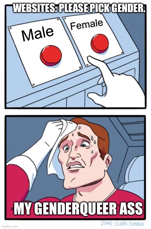 Two Buttons | WEBSITES: PLEASE PICK GENDER. Female; Male; MY GENDERQUEER ASS | image tagged in memes,two buttons,gender,gender identity,2 genders | made w/ Imgflip meme maker