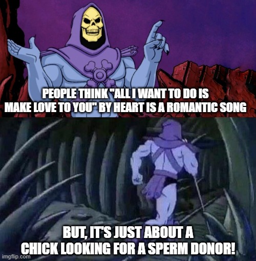 he man skeleton advices | PEOPLE THINK "ALL I WANT TO DO IS MAKE LOVE TO YOU" BY HEART IS A ROMANTIC SONG; BUT, IT'S JUST ABOUT A CHICK LOOKING FOR A SPERM DONOR! | image tagged in he man skeleton advices | made w/ Imgflip meme maker