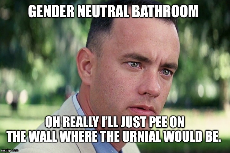 And Just Like That |  GENDER NEUTRAL BATHROOM; OH REALLY I’LL JUST PEE ON THE WALL WHERE THE URNIAL WOULD BE. | image tagged in memes,and just like that | made w/ Imgflip meme maker