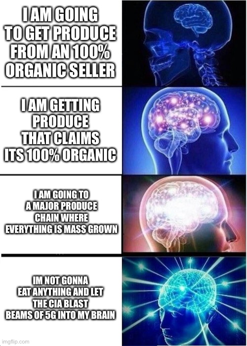 Expanding Brain Meme |  I AM GOING TO GET PRODUCE FROM AN 100% ORGANIC SELLER; I AM GETTING PRODUCE THAT CLAIMS ITS 100% ORGANIC; I AM GOING TO A MAJOR PRODUCE CHAIN WHERE EVERYTHING IS MASS GROWN; IM NOT GONNA EAT ANYTHING AND LET THE CIA BLAST BEAMS OF 5G INTO MY BRAIN | image tagged in memes,expanding brain | made w/ Imgflip meme maker