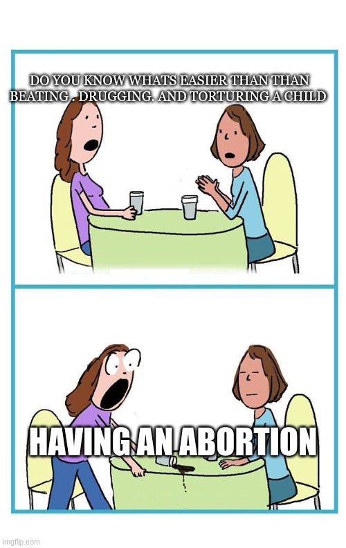 dena barsky |  DO YOU KNOW WHATS EASIER THAN THAN BEATING . DRUGGING. AND TORTURING A CHILD; HAVING AN ABORTION | image tagged in two women cartoon 2 panel surprised blank | made w/ Imgflip meme maker