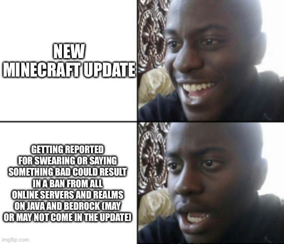 NOOOOOOOOO | NEW MINECRAFT UPDATE; GETTING REPORTED FOR SWEARING OR SAYING SOMETHING BAD COULD RESULT IN A BAN FROM ALL ONLINE SERVERS AND REALMS ON JAVA AND BEDROCK (MAY OR MAY NOT COME IN THE UPDATE) | image tagged in happy / shock | made w/ Imgflip meme maker