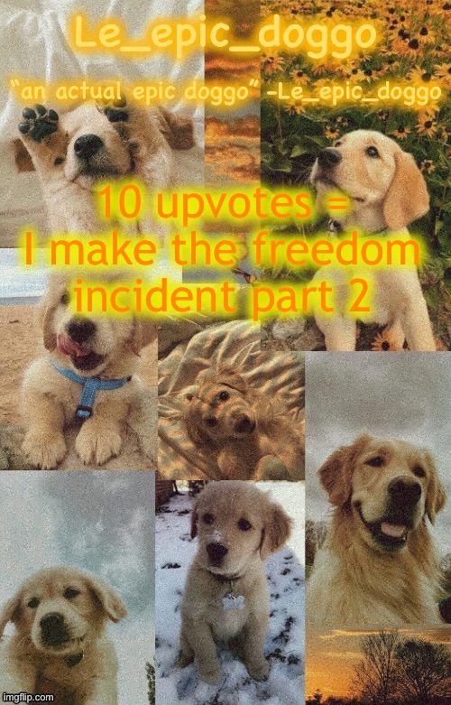 Doggo temp by doggo. Wait what that’s confusing | 10 upvotes = I make the freedom incident part 2 | image tagged in doggo temp by doggo wait what that s confusing | made w/ Imgflip meme maker