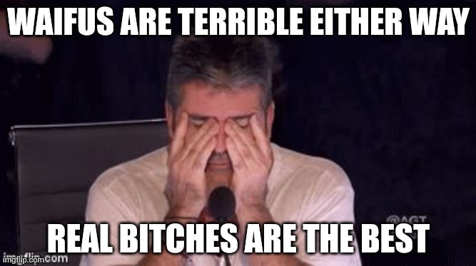 Frustrated Simon Cowell | WAIFUS ARE TERRIBLE EITHER WAY REAL BITCHES ARE THE BEST | image tagged in frustrated simon cowell | made w/ Imgflip meme maker