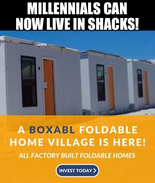 Affordable housing dreams! | MILLENNIALS CAN NOW LIVE IN SHACKS! | image tagged in housing,house,despair | made w/ Imgflip meme maker