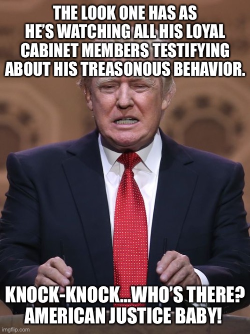 Donald Trump | THE LOOK ONE HAS AS HE’S WATCHING ALL HIS LOYAL CABINET MEMBERS TESTIFYING ABOUT HIS TREASONOUS BEHAVIOR. KNOCK-KNOCK…WHO’S THERE?

AMERICAN JUSTICE BABY! | image tagged in donald trump | made w/ Imgflip meme maker