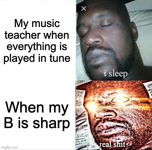 Sleeping Shaq Meme | My music teacher when everything is played in tune; When my B is sharp | image tagged in memes,sleeping shaq | made w/ Imgflip meme maker