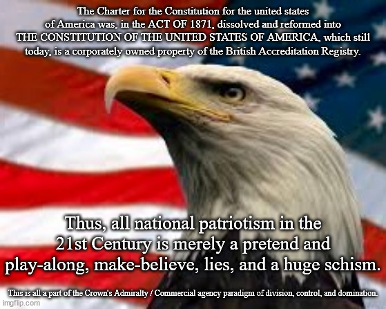 Murica Patriotic Eagle | The Charter for the Constitution for the united states of America was, in the ACT OF 1871, dissolved and reformed into THE CONSTITUTION OF T | image tagged in murica patriotic eagle | made w/ Imgflip meme maker