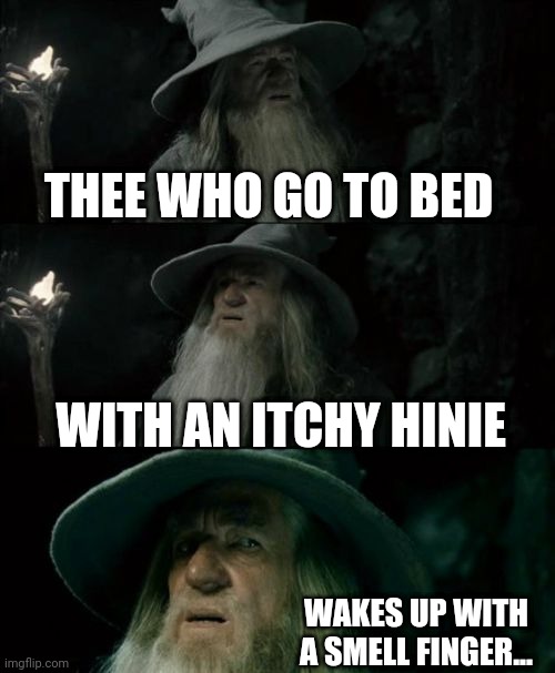 Confused Gandalf | THEE WHO GO TO BED; WITH AN ITCHY HINIE; WAKES UP WITH A SMELL FINGER... | image tagged in memes,confused gandalf | made w/ Imgflip meme maker