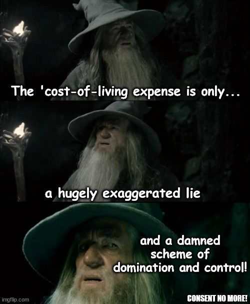 cost of living fact checkers | The 'cost-of-living expense is only... a hugely exaggerated lie; and a damned scheme of domination and control! CONSENT NO MORE! | image tagged in memes,confused gandalf | made w/ Imgflip meme maker
