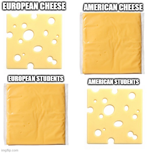 AMERICAN CHEESE; EUROPEAN CHEESE; EUROPEAN STUDENTS; AMERICAN STUDENTS | image tagged in cheese | made w/ Imgflip meme maker