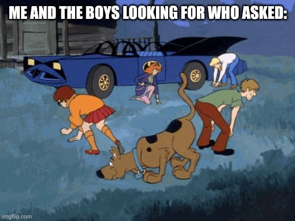 Scooby Doo Search | ME AND THE BOYS LOOKING FOR WHO ASKED: | image tagged in scooby doo search | made w/ Imgflip meme maker