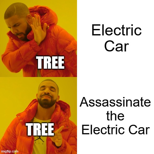 Drake Hotline Bling Meme | Electric Car Assassinate the Electric Car TREE TREE | image tagged in memes,drake hotline bling | made w/ Imgflip meme maker