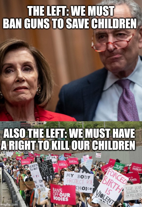 The left in a nutshell | THE LEFT: WE MUST BAN GUNS TO SAVE CHILDREN; ALSO THE LEFT: WE MUST HAVE A RIGHT TO KILL OUR CHILDREN | made w/ Imgflip meme maker