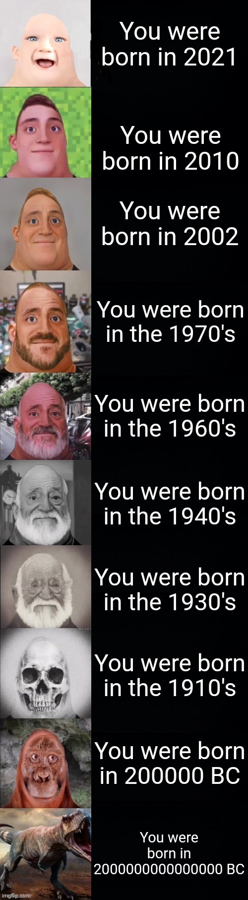 You were born in ... | You were born in 2021; You were born in 2010; You were born in 2002; You were born in the 1970's; You were born in the 1960's; You were born in the 1940's; You were born in the 1930's; You were born in the 1910's; You were born in 200000 BC; You were born in 2000000000000000 BC | image tagged in mr incredible becoming old | made w/ Imgflip meme maker