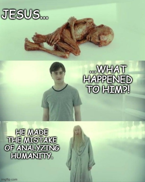 Dead Baby Voldemort / What Happened To Him | JESUS... ...WHAT HAPPENED TO HIM?! HE MADE THE MISTAKE OF ANALYZING HUMANITY. | image tagged in dead baby voldemort / what happened to him | made w/ Imgflip meme maker